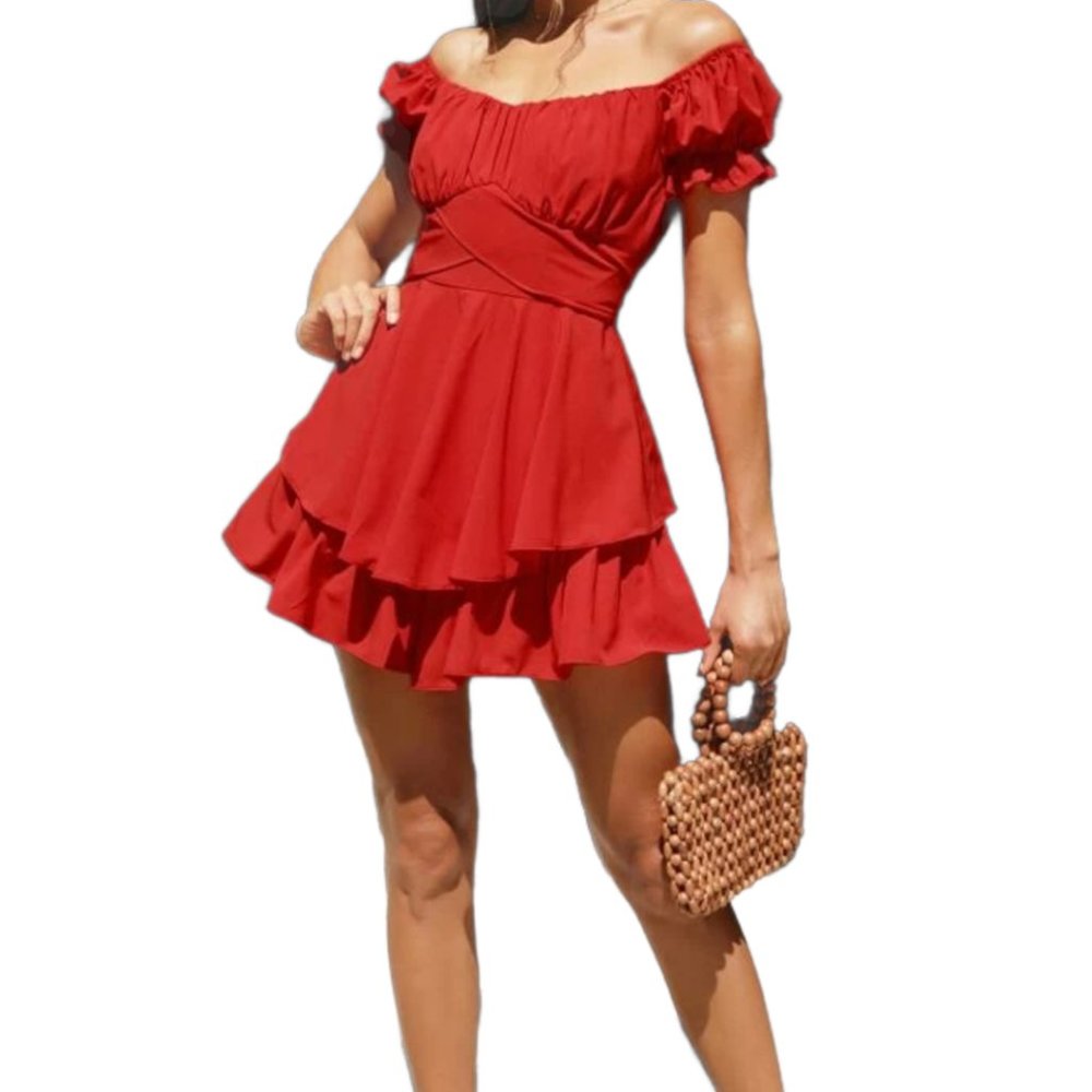 SHEIN Off Shoulder Tie Back Ruched Bust Ruffle Hem Romper SZ L